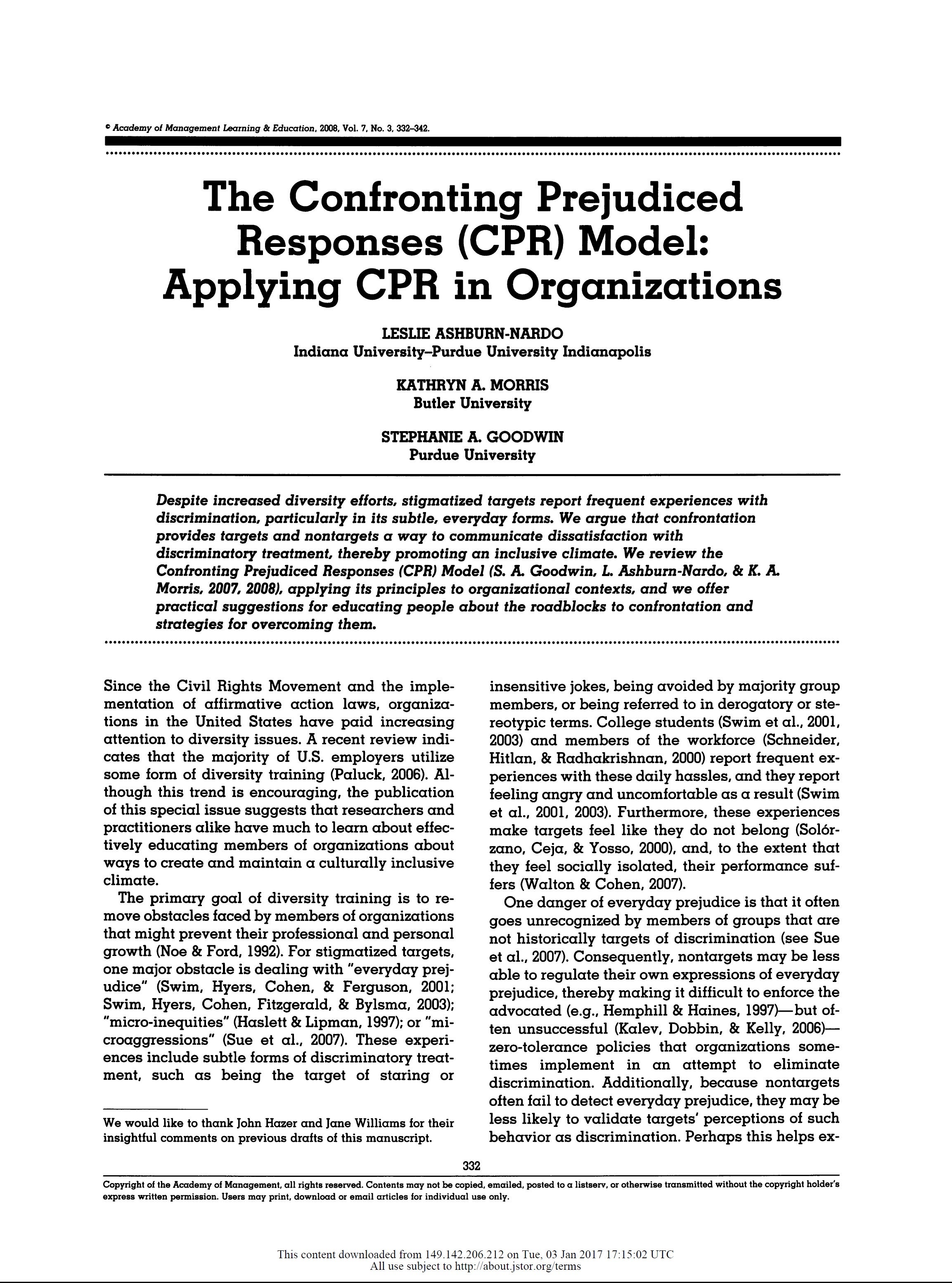The Confronting Prejudiced Responses (CPR) Model: Applying CPR in Organizations